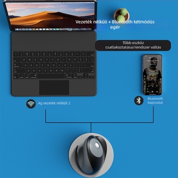 Vertikális ergonómikus vezeték nélküli optikai egér, kettős módú háromcsatornás némítás, 1600dpi, 6 gomb, USB/Bluetooth