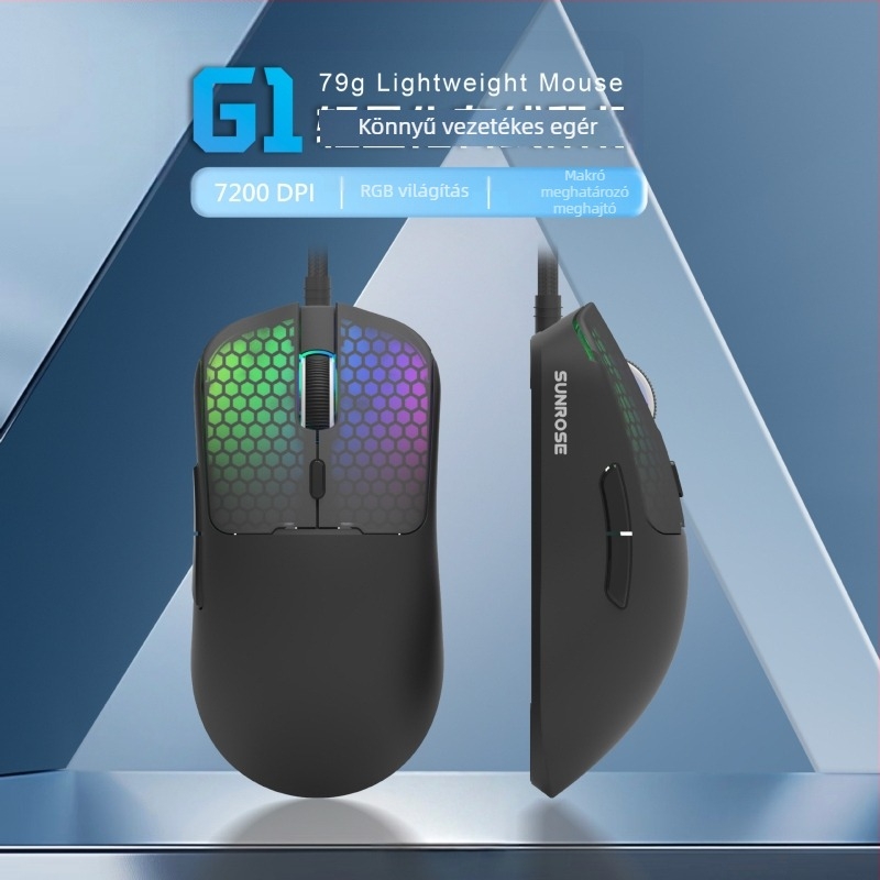 Kábeles RGB játékegér, 1600 DPI (6 szint), 6 gomb, USB, ergonomikus kialakítás
