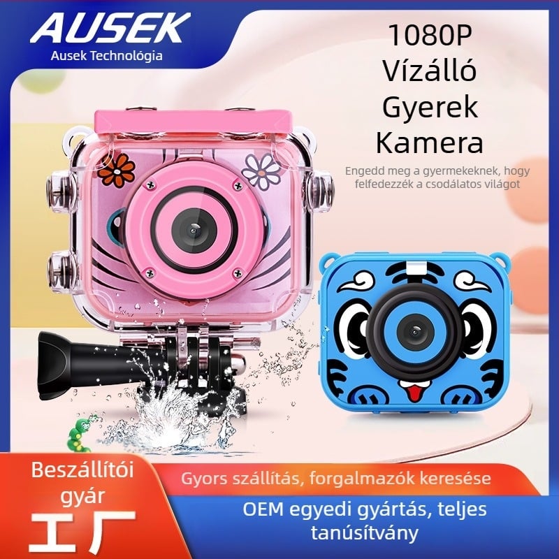 Mini gyerekeknek készült vízálló sportkamera — CMOS 12MP 1/2.3 inch szenzor; Vízálló, porálló, ütésálló; 2.0 inch HD kijelző; 80 perc akkumulátor; TF-kártya tárolás