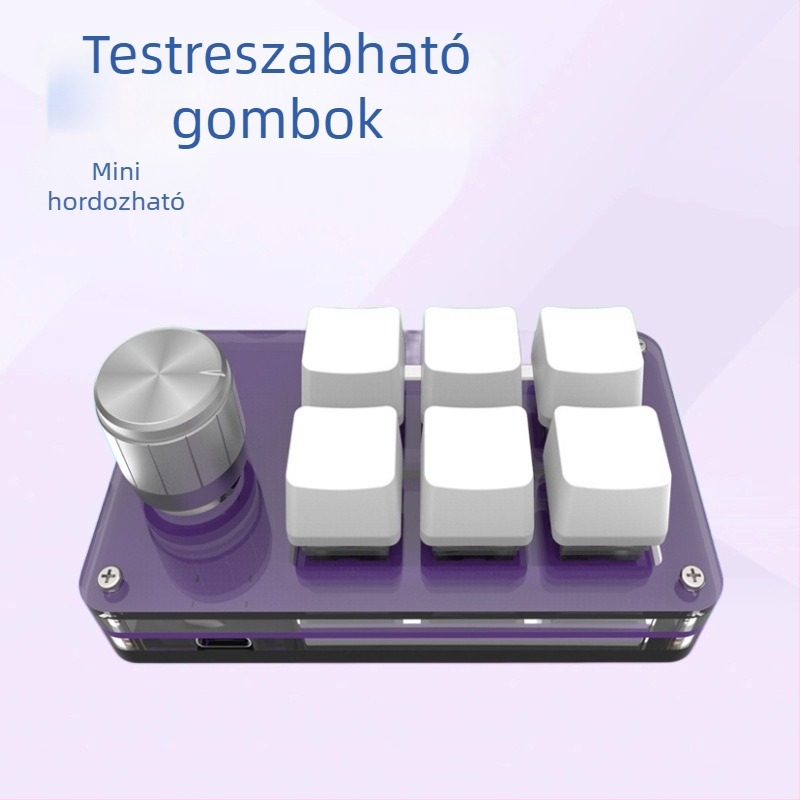 6-gombos testreszabható keypad játékhoz és tervezéshez; test akrilból, zöld tengelyes mechanikus kapcsolók, USB csatlakozás, testreszabás támogatott, egyetlen gombbal másolás-beillesztés