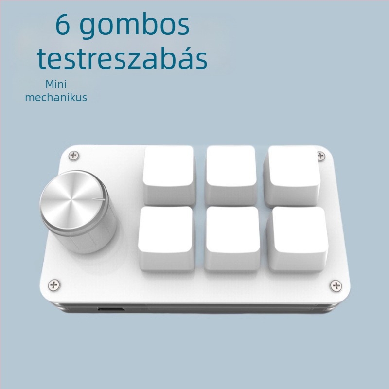6-gombos testreszabható keypad játékhoz és tervezéshez; test akrilból, zöld tengelyes mechanikus kapcsolók, USB csatlakozás, testreszabás támogatott, egyetlen gombbal másolás-beillesztés