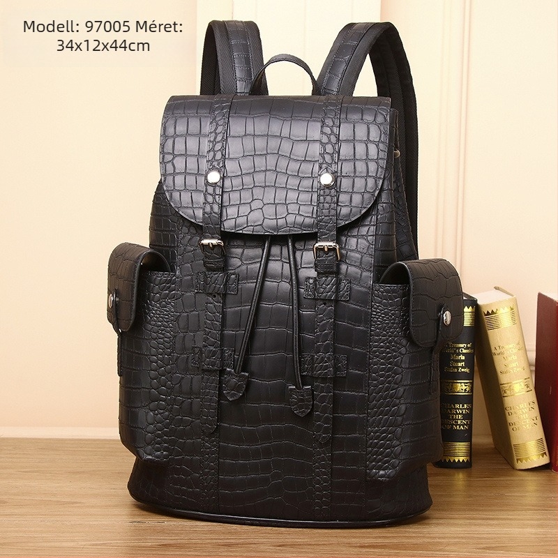 Hátizsák valódi bőrből, krokodilbőr textúrával, uniszex, 14 hüvelykes laptophoz, 36–55 L kapacitás, üzleti elit stílus