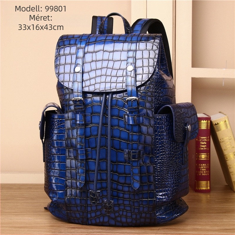 Hátizsák valódi bőrből, krokodilbőr textúrával, uniszex, 14 hüvelykes laptophoz, 36–55 L kapacitás, üzleti elit stílus