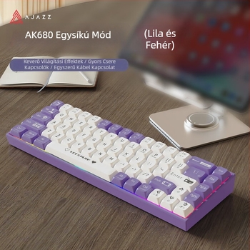 Ajazz AK680 mechanikus billentyűzet, 67+1 billentyű, Bluetooth és USB kapcsolódás, vegyes háttérvilágítás, 1,6 m kábel, tömeg 460 g