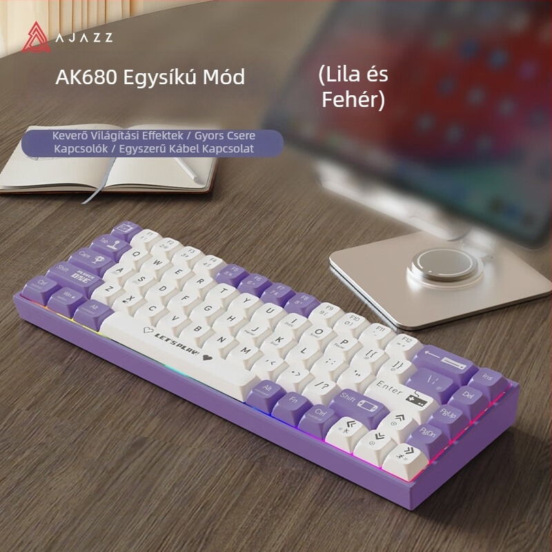 Ajazz AK680 mechanikus billentyűzet, 67+1 billentyű, Bluetooth és USB kapcsolódás, vegyes háttérvilágítás, 1,6 m kábel, tömeg 460 g