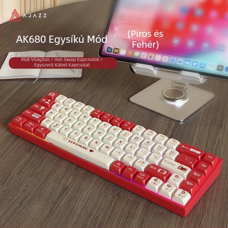 Ajazz AK680 mechanikus billentyűzet, 67+1 billentyű, Bluetooth és USB kapcsolódás, vegyes háttérvilágítás, 1,6 m kábel, tömeg 460 g