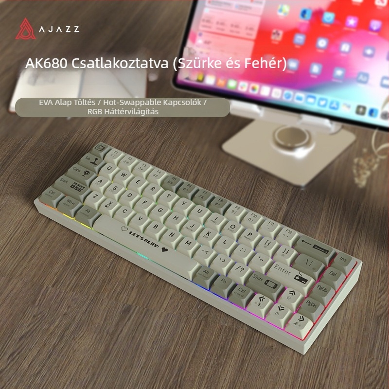 Ajazz AK680 mechanikus billentyűzet, 67+1 billentyű, Bluetooth és USB kapcsolódás, vegyes háttérvilágítás, 1,6 m kábel, tömeg 460 g