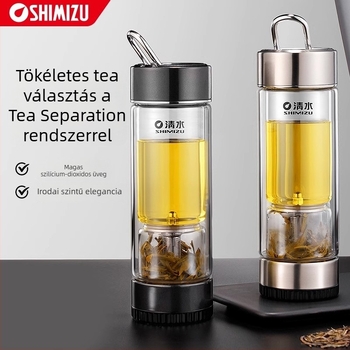 Duplafalú üveg teás pohár víz elválasztó rendszerrel, magas boroszilikát üvegből, zárható és hőszigetelt