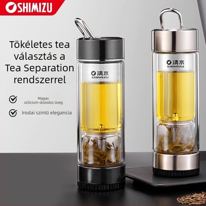 Duplafalú üveg teás pohár víz elválasztó rendszerrel, magas boroszilikát üvegből, zárható és hőszigetelt