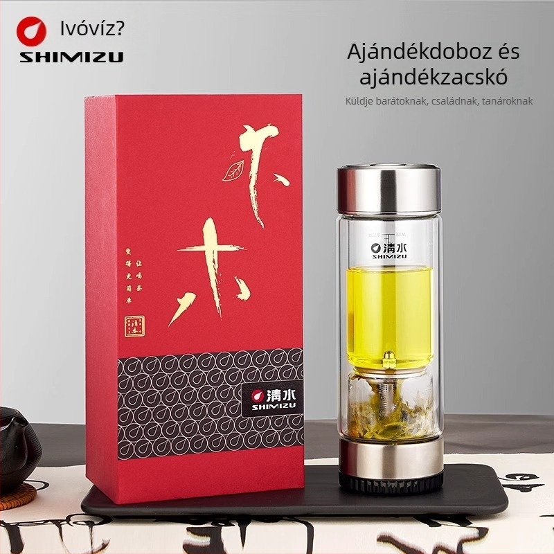 Duplafalú üveg teás pohár víz elválasztó rendszerrel, magas boroszilikát üvegből, zárható és hőszigetelt