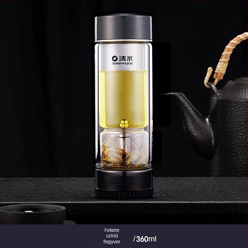 Duplafalú üveg teás pohár víz elválasztó rendszerrel, magas boroszilikát üvegből, zárható és hőszigetelt