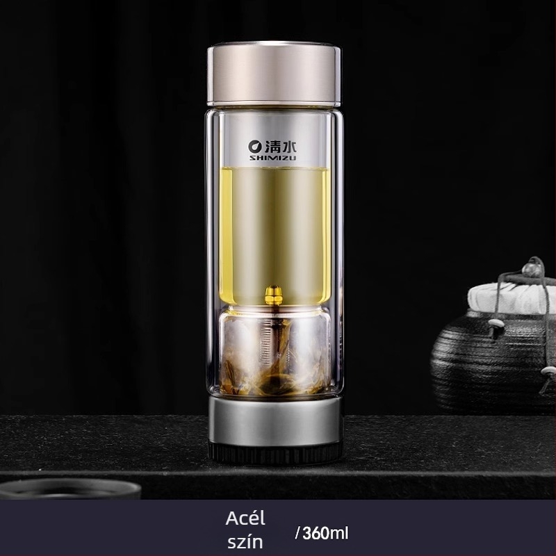 Duplafalú üveg teás pohár víz elválasztó rendszerrel, magas boroszilikát üvegből, zárható és hőszigetelt