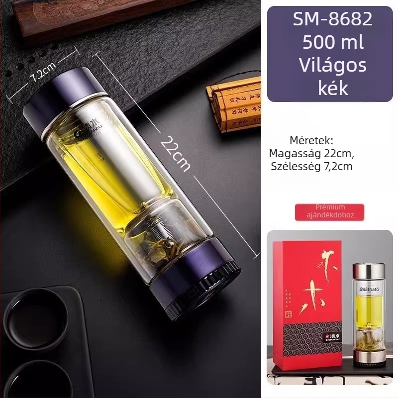 Duplafalú üveg teás pohár víz elválasztó rendszerrel, magas boroszilikát üvegből, zárható és hőszigetelt