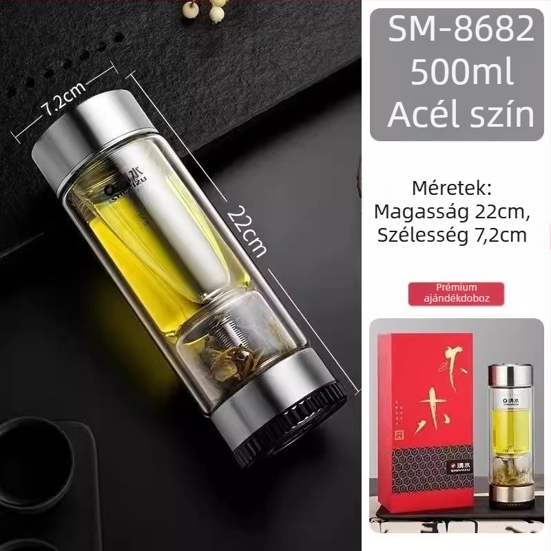 Duplafalú üveg teás pohár víz elválasztó rendszerrel, magas boroszilikát üvegből, zárható és hőszigetelt