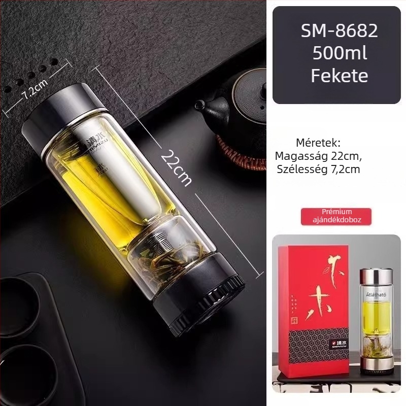 Duplafalú üveg teás pohár víz elválasztó rendszerrel, magas boroszilikát üvegből, zárható és hőszigetelt