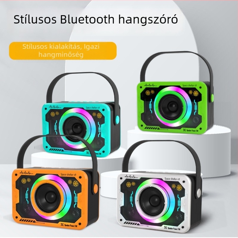 V9 Bluetooth hangszóró – asztali hordozható szubwoofer atmoszférikus világítással, 5W, beépített 1000–1200mAh akkumulátor, Bluetooth 5.3, 100Hz–20kHz, SNR ≥70dB