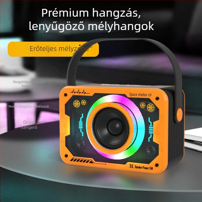 V9 Bluetooth hangszóró – asztali hordozható szubwoofer atmoszférikus világítással, 5W, beépített 1000–1200mAh akkumulátor, Bluetooth 5.3, 100Hz–20kHz, SNR ≥70dB