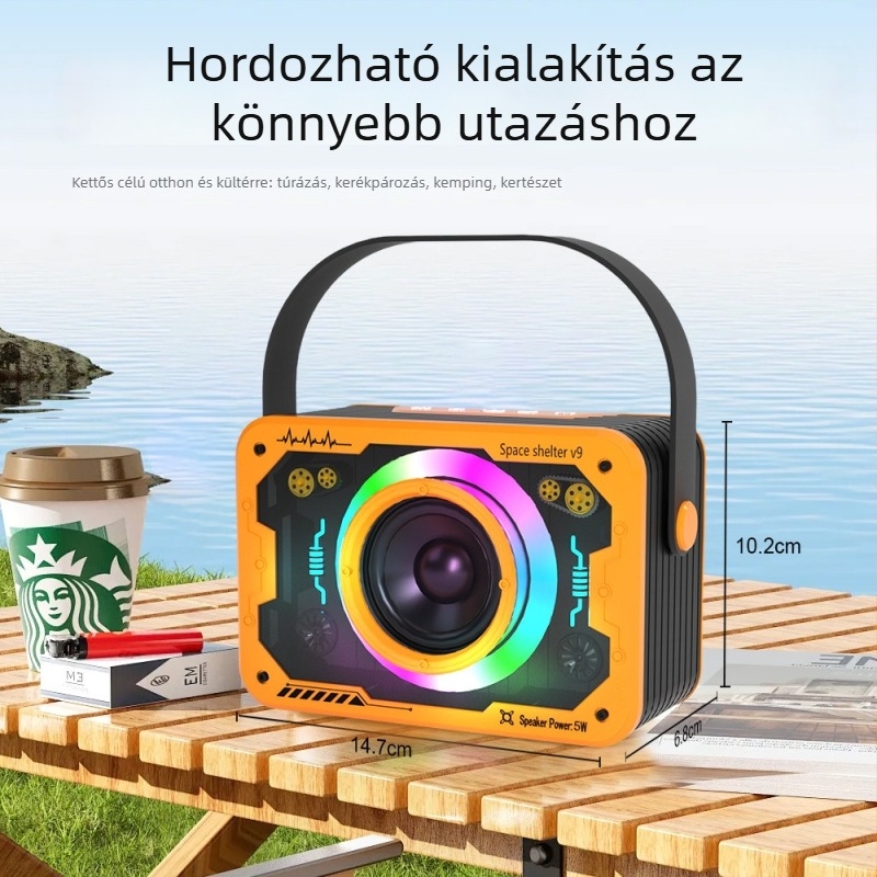V9 Bluetooth hangszóró – asztali hordozható szubwoofer atmoszférikus világítással, 5W, beépített 1000–1200mAh akkumulátor, Bluetooth 5.3, 100Hz–20kHz, SNR ≥70dB