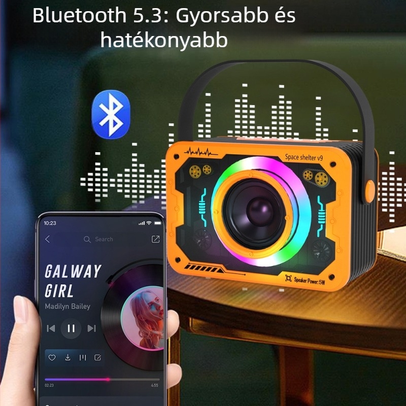 V9 Bluetooth hangszóró – asztali hordozható szubwoofer atmoszférikus világítással, 5W, beépített 1000–1200mAh akkumulátor, Bluetooth 5.3, 100Hz–20kHz, SNR ≥70dB
