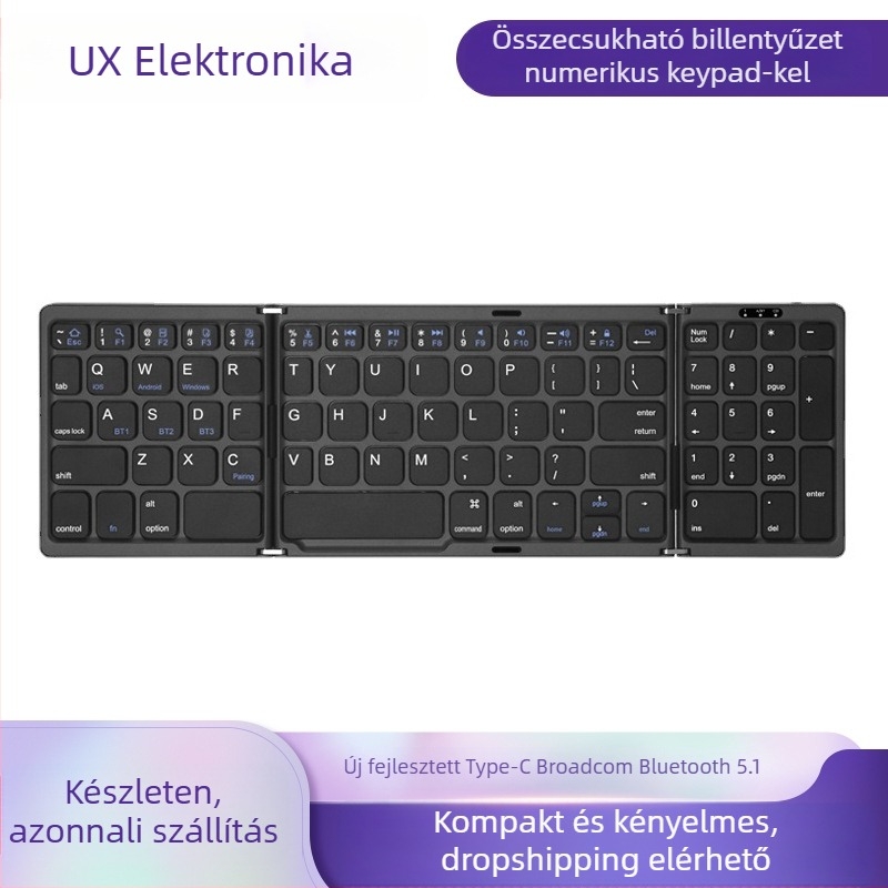 Összecsukható Bluetooth billentyűzet numerikus paddel, 81 gomb, csendes, ABS műanyag, több eszköz párosítás akár 3 eszközzel