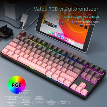 Mechanikus billentyűzet, 87 billentyű, vezeték nélküli kapcsolattal, piros kapcsolók, RGB háttérvilágítás