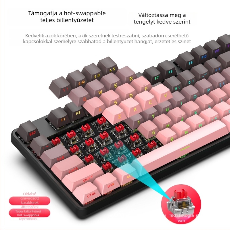 Mechanikus billentyűzet, 87 billentyű, vezeték nélküli kapcsolattal, piros kapcsolók, RGB háttérvilágítás