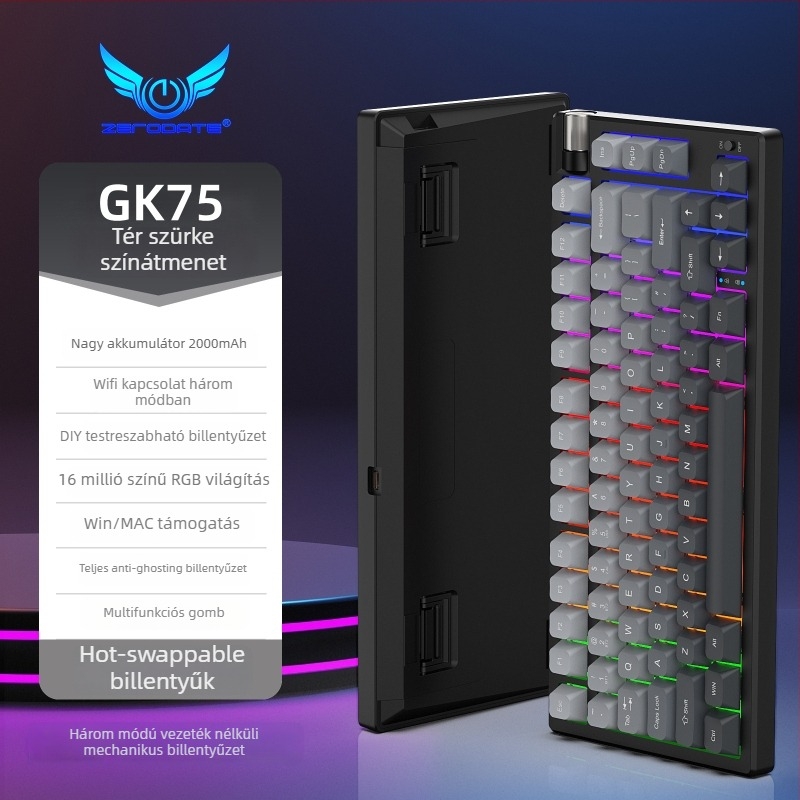 Mechanikus billentyűzet, 87 billentyű, vezeték nélküli kapcsolattal, piros kapcsolók, RGB háttérvilágítás
