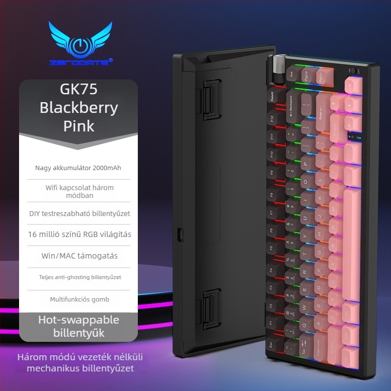 Mechanikus billentyűzet, 87 billentyű, vezeték nélküli kapcsolattal, piros kapcsolók, RGB háttérvilágítás