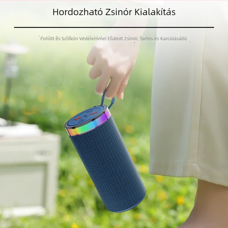 Textilborítású Bluetooth hordozható hangszóró, kompakt, mini, mély hangzással, kültéri használatra