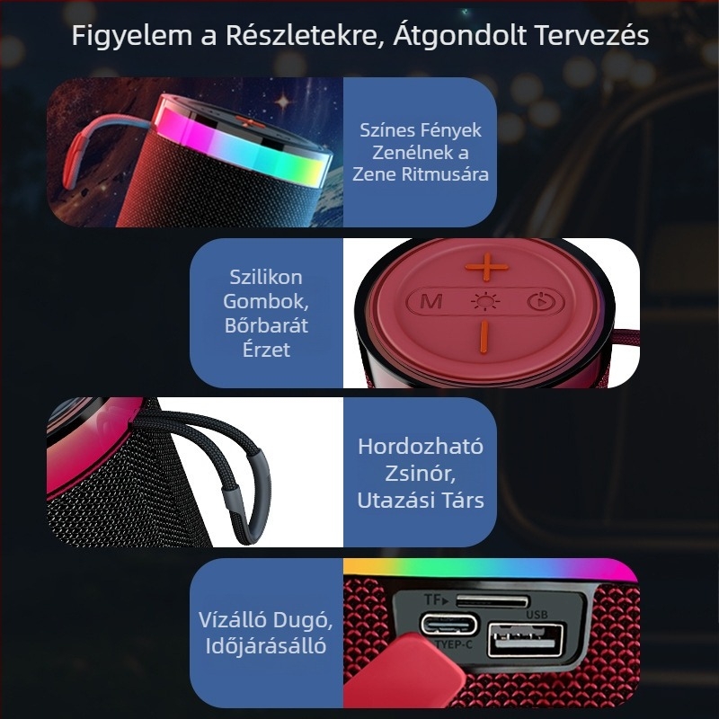 Textilborítású Bluetooth hordozható hangszóró, kompakt, mini, mély hangzással, kültéri használatra