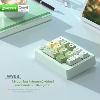 Vezeték nélküli három üzemmódos játékkal mechanikus numerikus billentyűzet, legfeljebb 87 billentyű, RGB háttérvilágítás, zöld kapcsoló, USB interfész