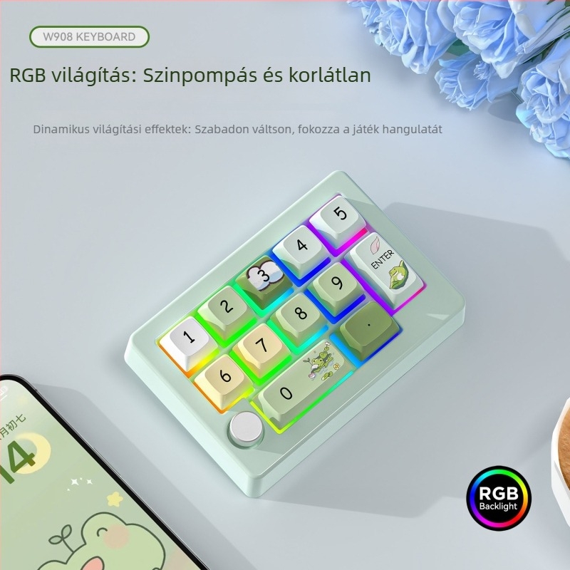 Vezeték nélküli három üzemmódos játékkal mechanikus numerikus billentyűzet, legfeljebb 87 billentyű, RGB háttérvilágítás, zöld kapcsoló, USB interfész