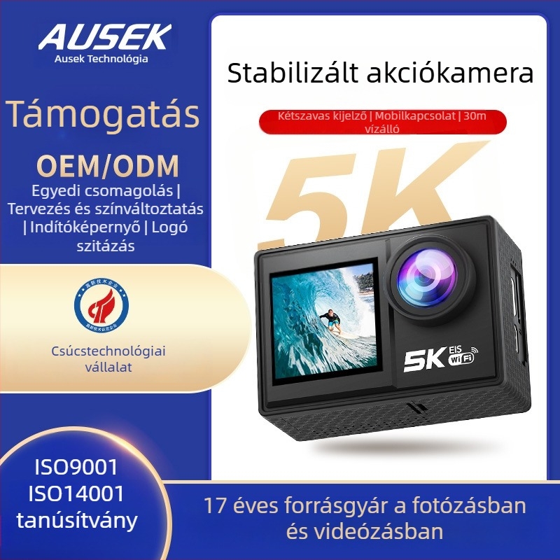 5K akciókamera dupla kijelzővel, EIS, vízálló, Wi‑Fi