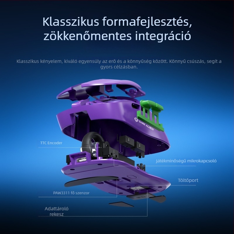 PAW3311 szenzoros RGB játék egér, 5600dpi, Bluetooth/USB kapcsolattal, 10 m hatótávolság, tömege 54 g, 1,2 m töltőkábel tartozék