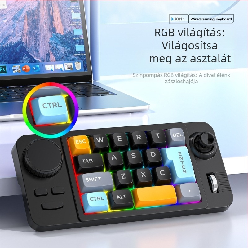 Kábeles mechanikus játékbillentyűzet joystick 19 gombbal, kettős görgő, RGB háttérvilágítás, hot-swappable kapcsolók