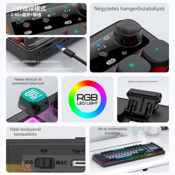 Hárommódú vezeték nélküli Bluetooth billentyűzet, 99 billentyű, membrán kapcsolók, RGB háttérvilágítás