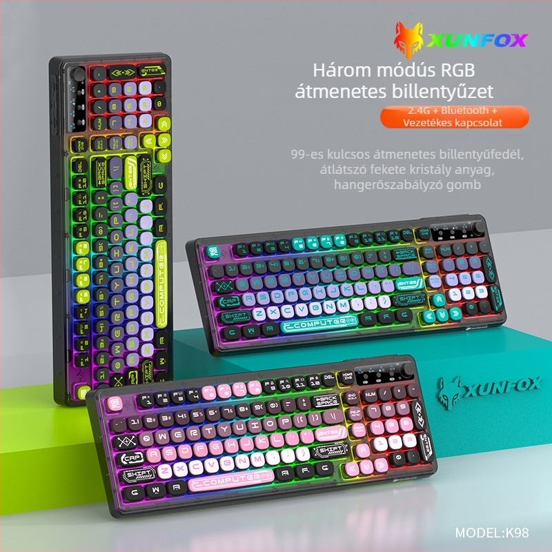 Hárommódú vezeték nélküli Bluetooth billentyűzet, 99 billentyű, membrán kapcsolók, RGB háttérvilágítás