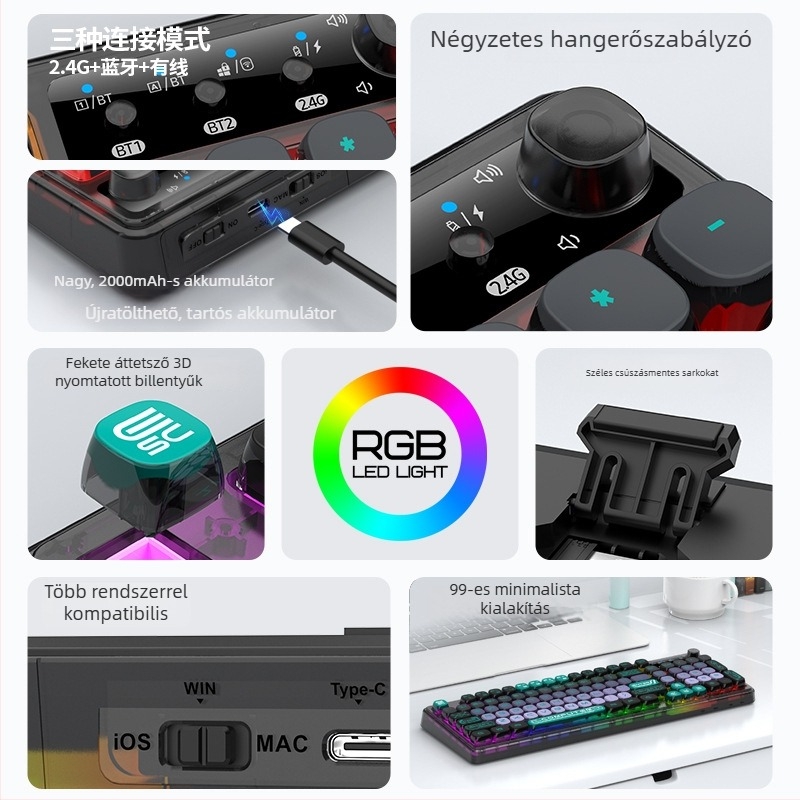 Hárommódú vezeték nélküli Bluetooth billentyűzet, 99 billentyű, membrán kapcsolók, RGB háttérvilágítás