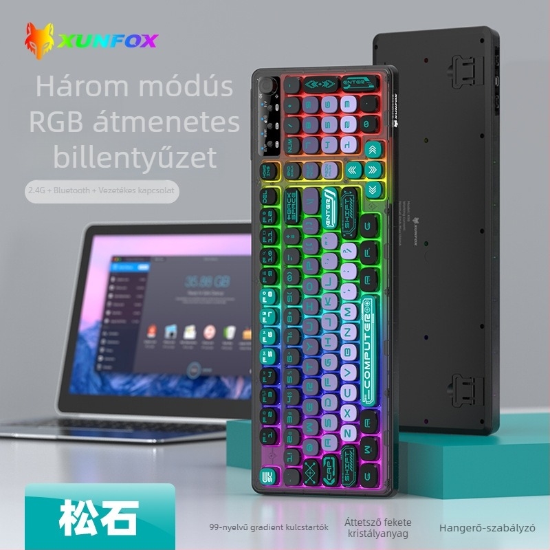 Hárommódú vezeték nélküli Bluetooth billentyűzet, 99 billentyű, membrán kapcsolók, RGB háttérvilágítás