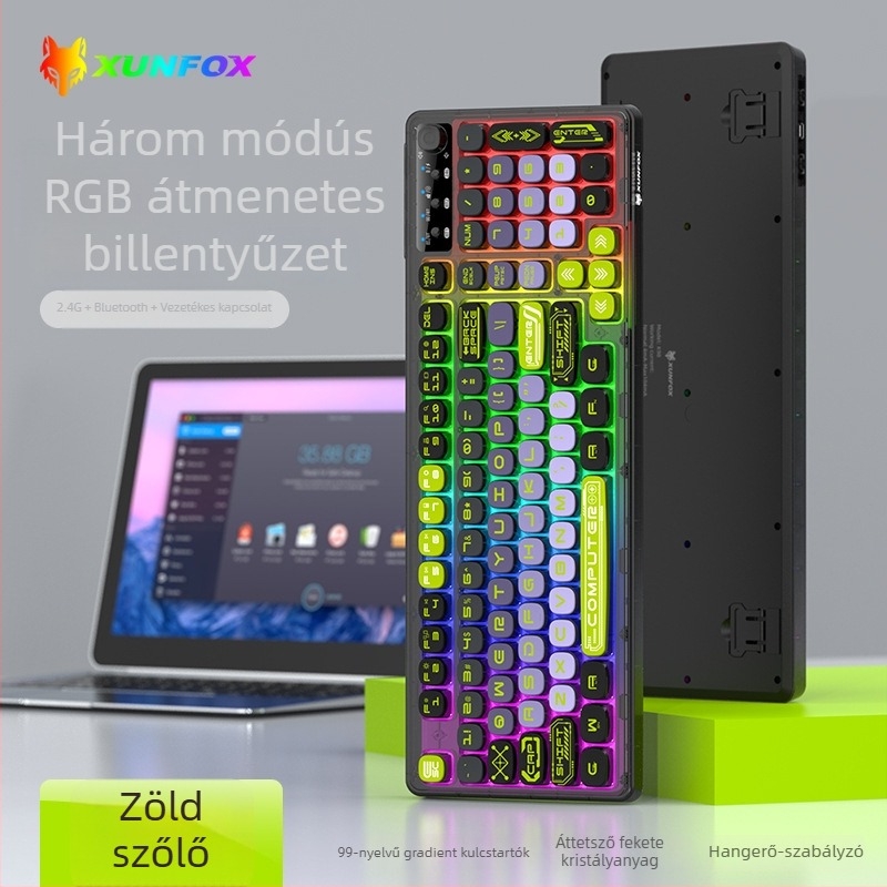 Hárommódú vezeték nélküli Bluetooth billentyűzet, 99 billentyű, membrán kapcsolók, RGB háttérvilágítás