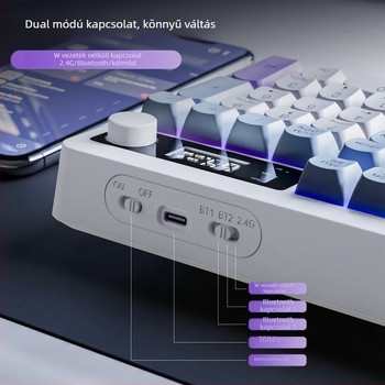Vezeték nélküli Bluetooth kettős módú billentyűzet PBT billentyűsapkákkal, kijelzővel rendelkező tekerőgomb, 104 billentyű, vízálló