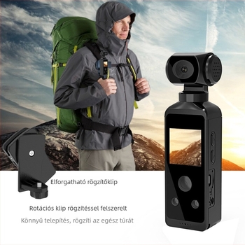 Zsebméretű 4K-s vízálló kamera elektronikus képstabilizálással, 270°-os forgó objektív, 1.3-inch LCD kijelző, 4x digitális zoom, CMOS szenzor