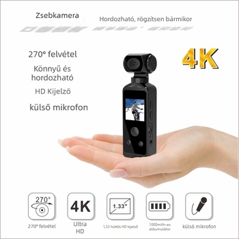 Zsebméretű 4K-s vízálló kamera elektronikus képstabilizálással, 270°-os forgó objektív, 1.3-inch LCD kijelző, 4x digitális zoom, CMOS szenzor