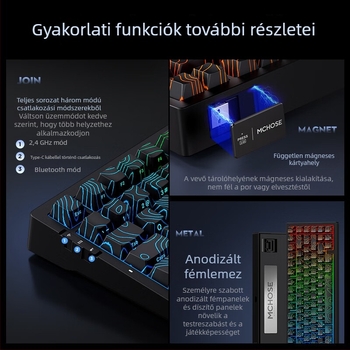 MCHOSE G75 gasket szerkezetű mechanikus billentyűzet, három módú kapcsolati lehetőséggel, hot-swappable kapcsolók, RGB háttérvilágítás, 87 billentyű