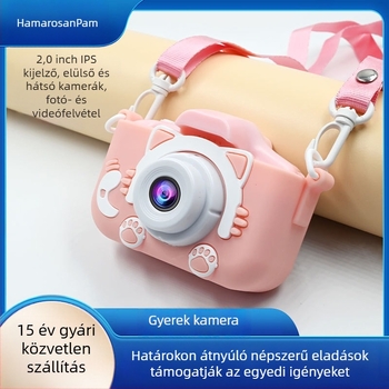 Macskás témájú gyerek kamera, mini kamera, modell ECM-SJ0000D-G2, LCD 2.0, TF-kártya tárolás, ≤1 MP szenzor, akkumulátor-élettartam 1–3 óra