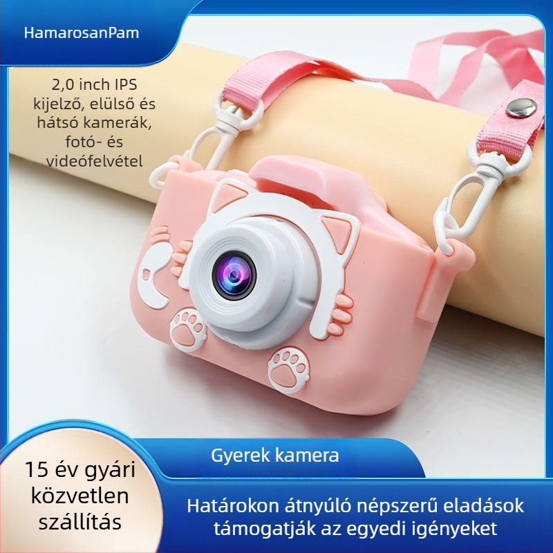 Macskás témájú gyerek kamera, mini kamera, modell ECM-SJ0000D-G2, LCD 2.0, TF-kártya tárolás, ≤1 MP szenzor, akkumulátor-élettartam 1–3 óra