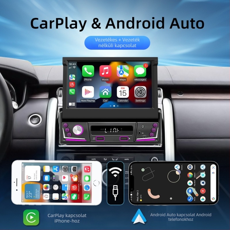 Autós Android GPS navigátor Wireless CarPlay és Bluetooth-kapcsolattal, TFT kijelző, 12V DC tápegység, 60W×4 teljesítmény, univerzális kompatibilitás