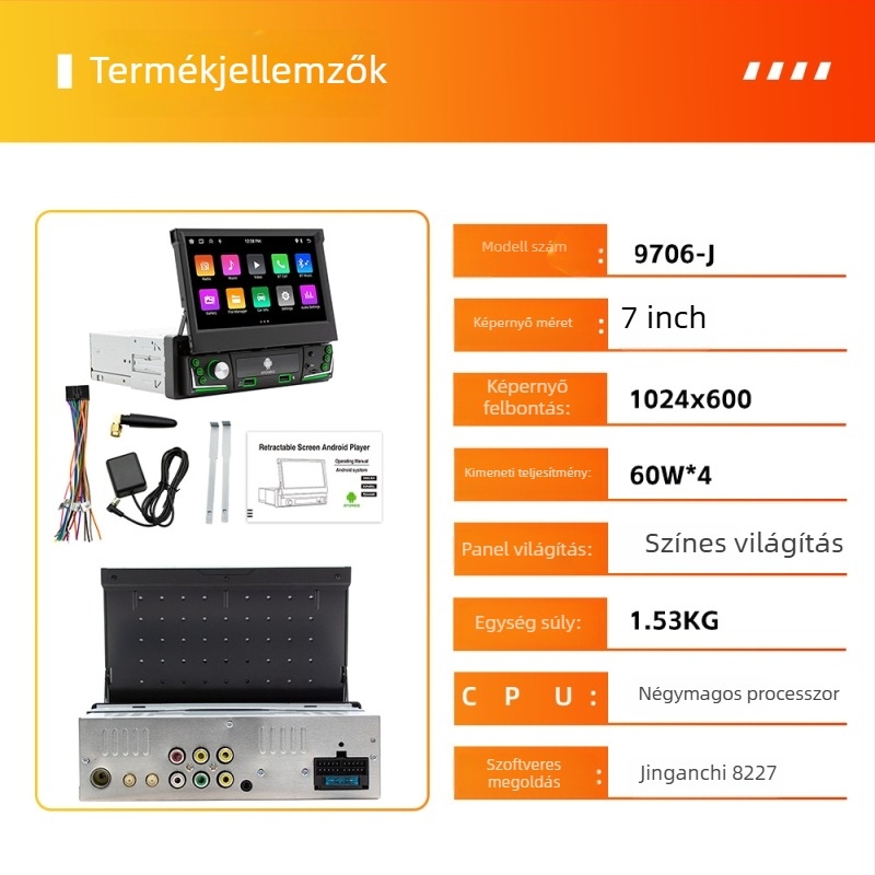 Autós Android GPS navigátor Wireless CarPlay és Bluetooth-kapcsolattal, TFT kijelző, 12V DC tápegység, 60W×4 teljesítmény, univerzális kompatibilitás