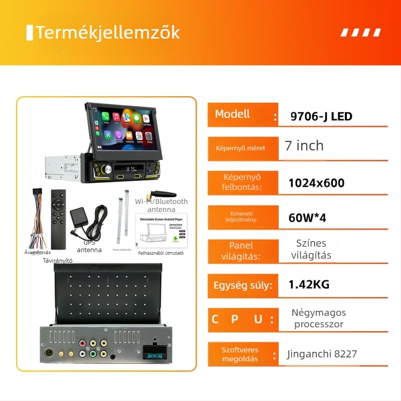 Autós Android GPS navigátor Wireless CarPlay és Bluetooth-kapcsolattal, TFT kijelző, 12V DC tápegység, 60W×4 teljesítmény, univerzális kompatibilitás