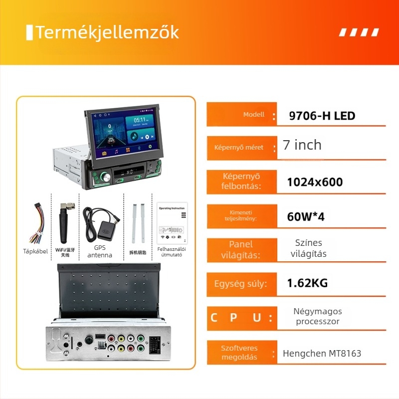 Autós Android GPS navigátor Wireless CarPlay és Bluetooth-kapcsolattal, TFT kijelző, 12V DC tápegység, 60W×4 teljesítmény, univerzális kompatibilitás
